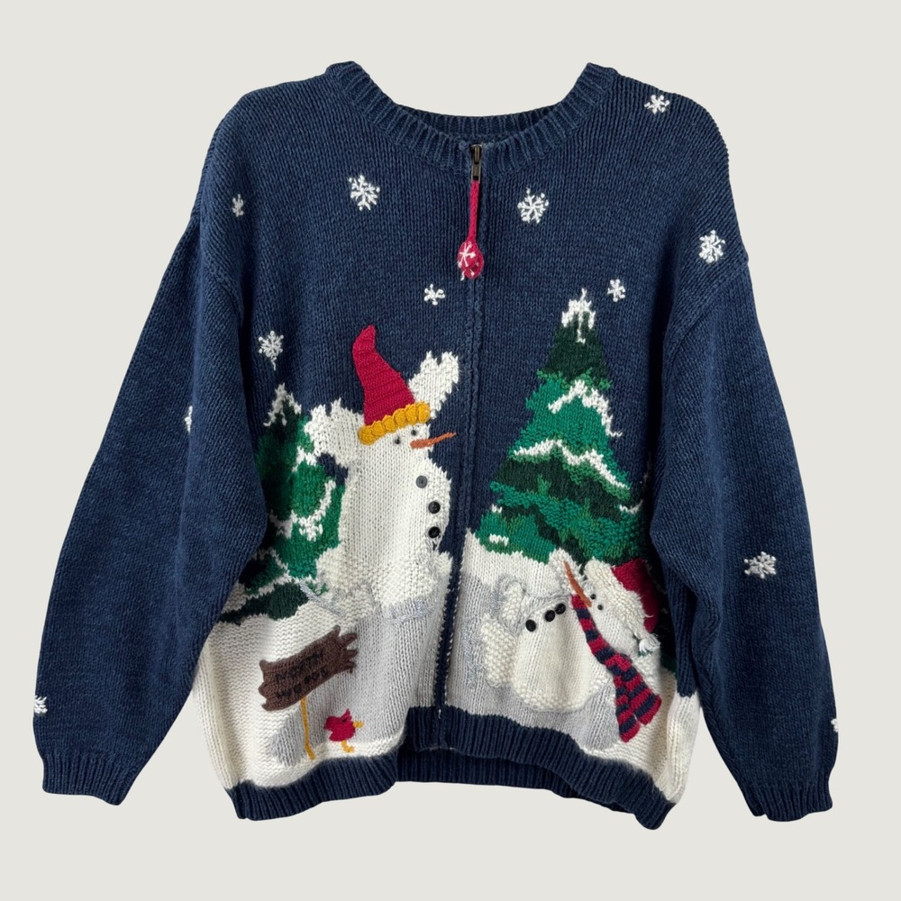 Croft & Barrow Cardigan Sweater Women XL Blue Snowman Christmas Zip Up Holiday